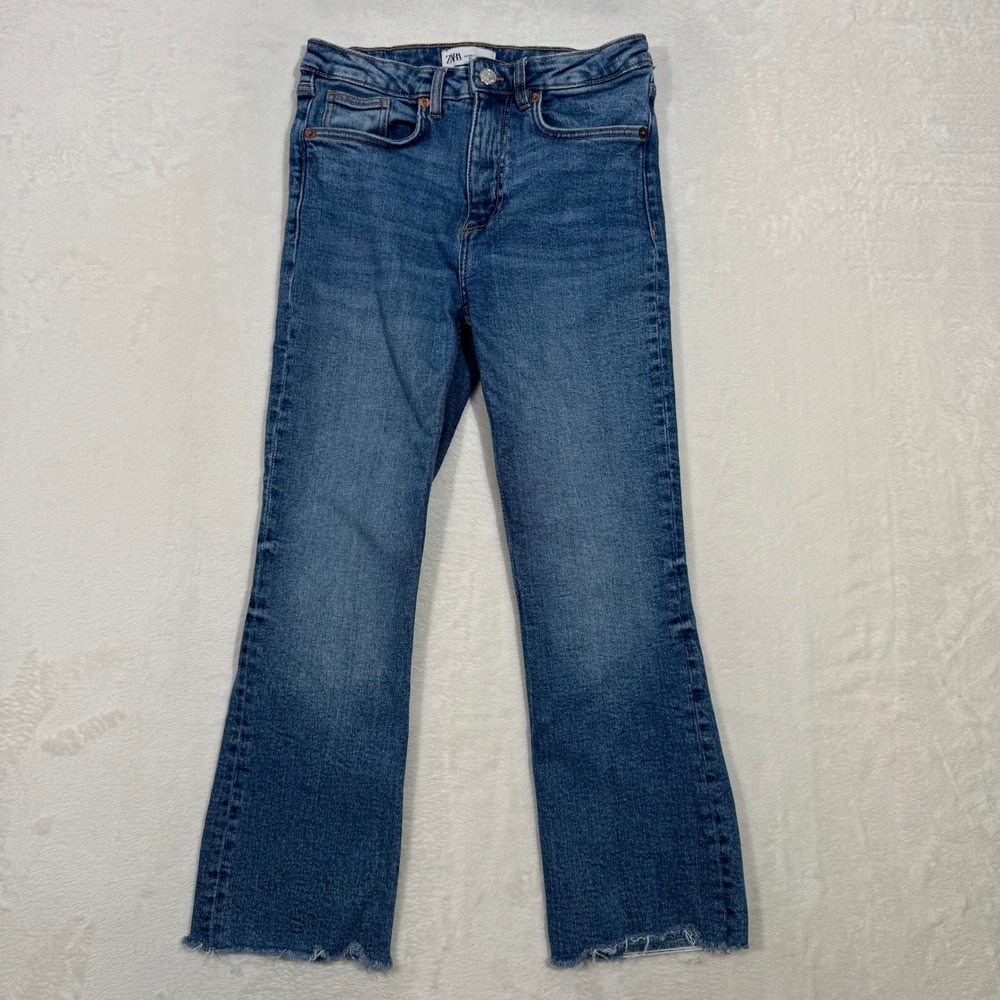 Zara Jeans Womens 4 Blue High Rise Mini Flare Cropped Raw Hem Stretch Denim